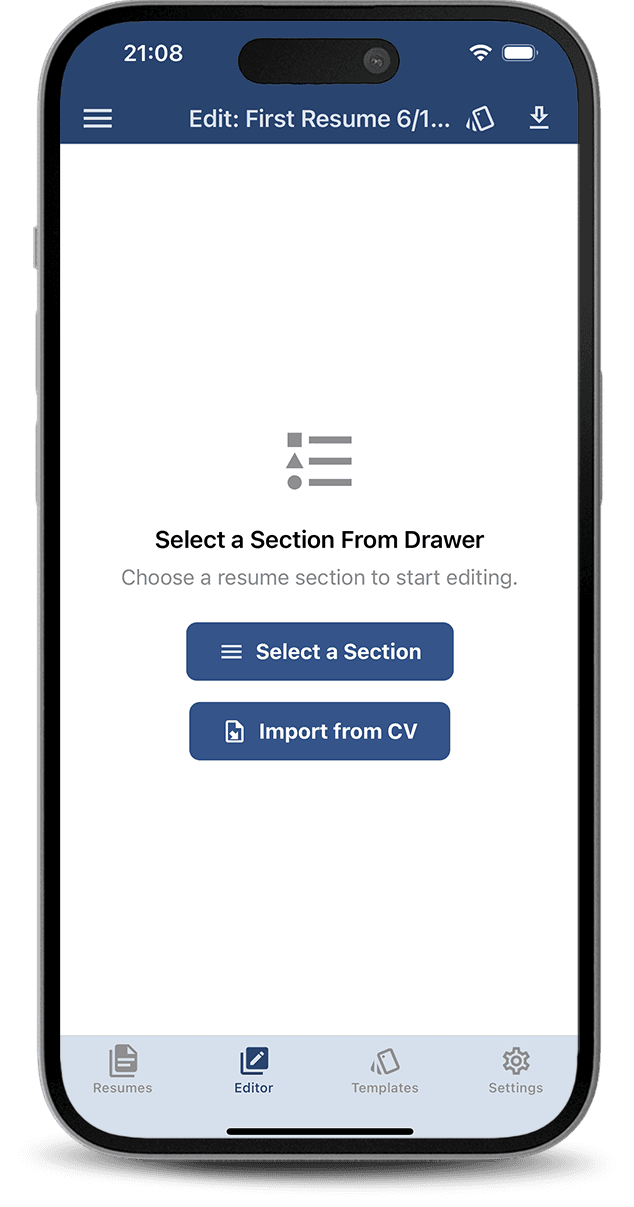 CV Builder main interface showing resume templates
