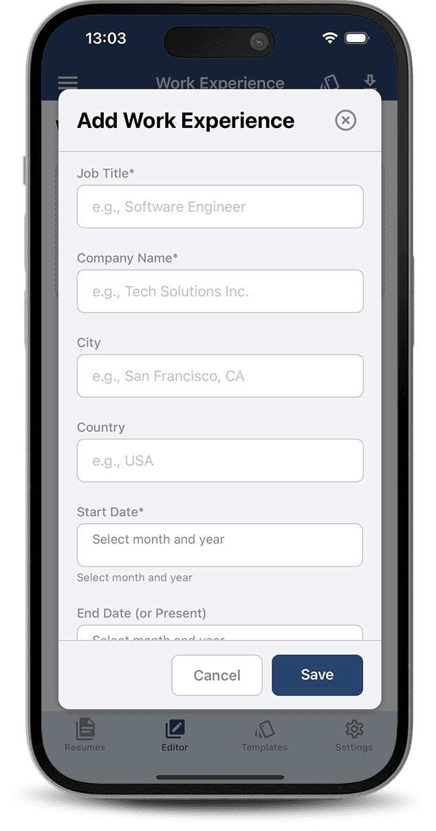 Resume editing screen with AI writing assistant